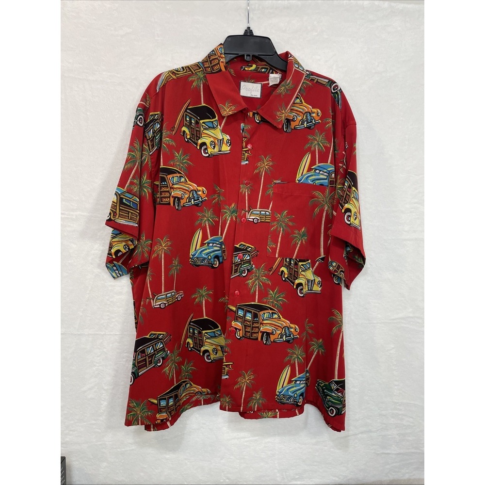 Vtg Profile For Men Surfin Safari Hawaiian Camp Shirt SS Size 4XL Red Cool Poly